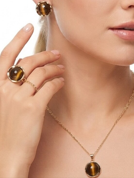 Jewelry - NEW Gold-Tone Tiger Eye Pendant Necklace and Stud Earrings Set Formal Feminine
